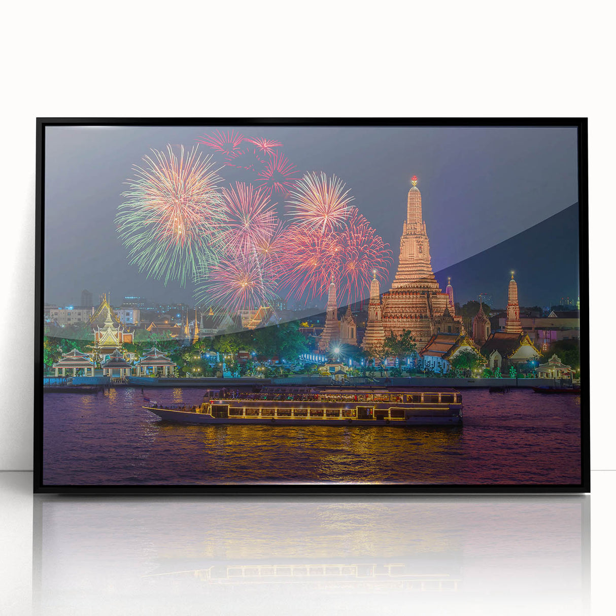 Large abstract wall art of Bangkok skyline in muted gray tones on black framed acrylic, ideal for modern living room decor.