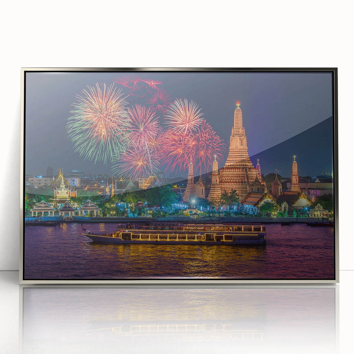 Mid-century modernist art of Bangkok skyline in pastel shades on a framed acrylic, ideal for modern art wall decor.