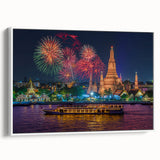 Vintage poster art of Bangkok scenery on extra large framed canvas, featuring colorful art on a black background.