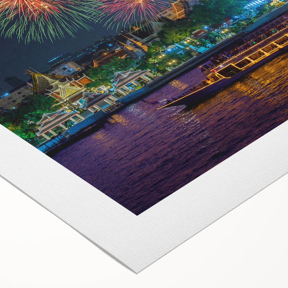 Art deco poster of Bangkok skyline in muted gold and blue tones on rolled canvas, suitable for dining room wall art.