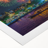 Art deco poster of Bangkok skyline in muted gold and blue tones on rolled canvas, suitable for dining room wall art.