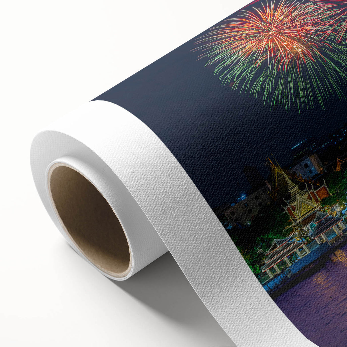 Art deco poster of Bangkok skyline in muted gold and navy tones on rolled canvas, suitable for dining room decor.