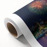 Art deco poster of Bangkok skyline in muted gold and navy tones on rolled canvas, suitable for dining room decor.