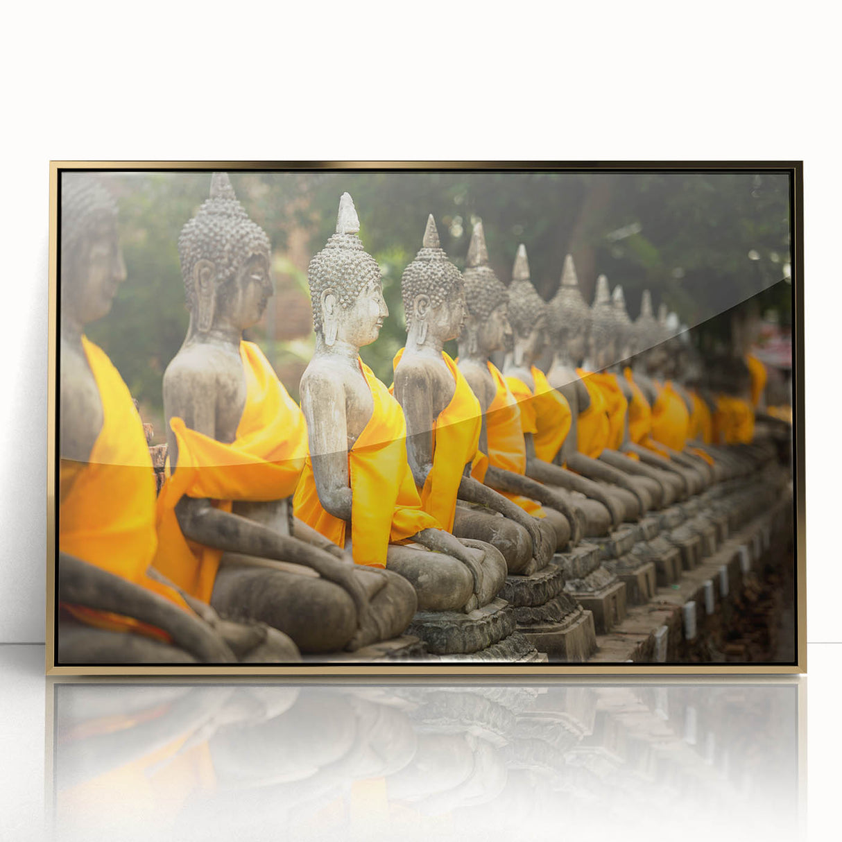 Large art print of a serene Thai landscape in muted gold and green tones, framed acrylic, ideal for modern art wall decor.