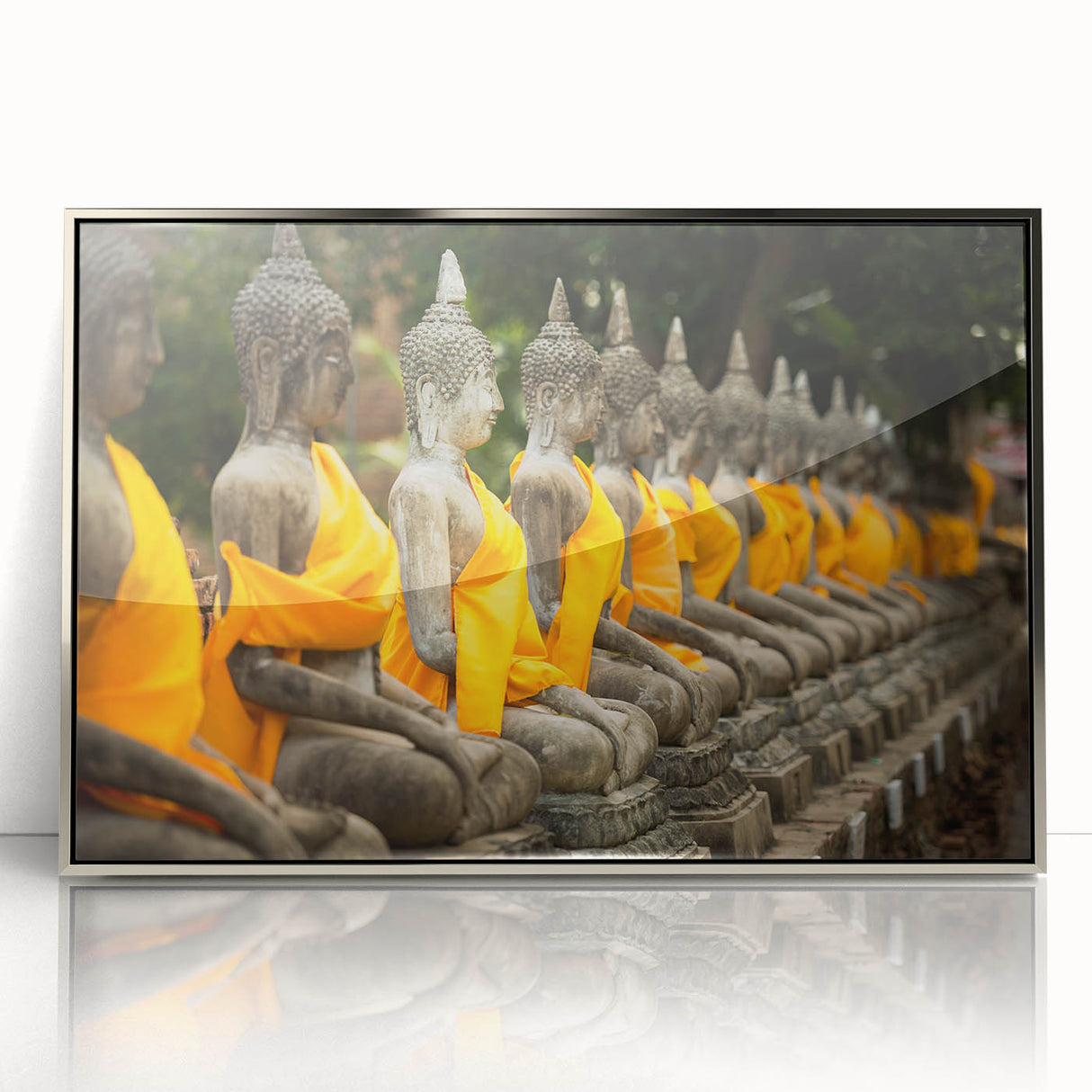 Mid-century modernist art depicting a serene Thai landscape in muted green and blue tones.
