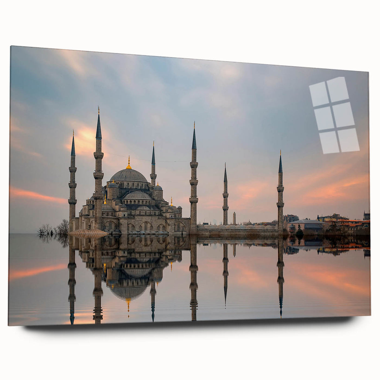Large abstract wall art depicting a Turkish landscape in muted earth tones on acrylic glass.