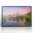 Large abstract wall art depicting a serene Vietnamese landscape in muted green and blue tones, framed in black acrylic.