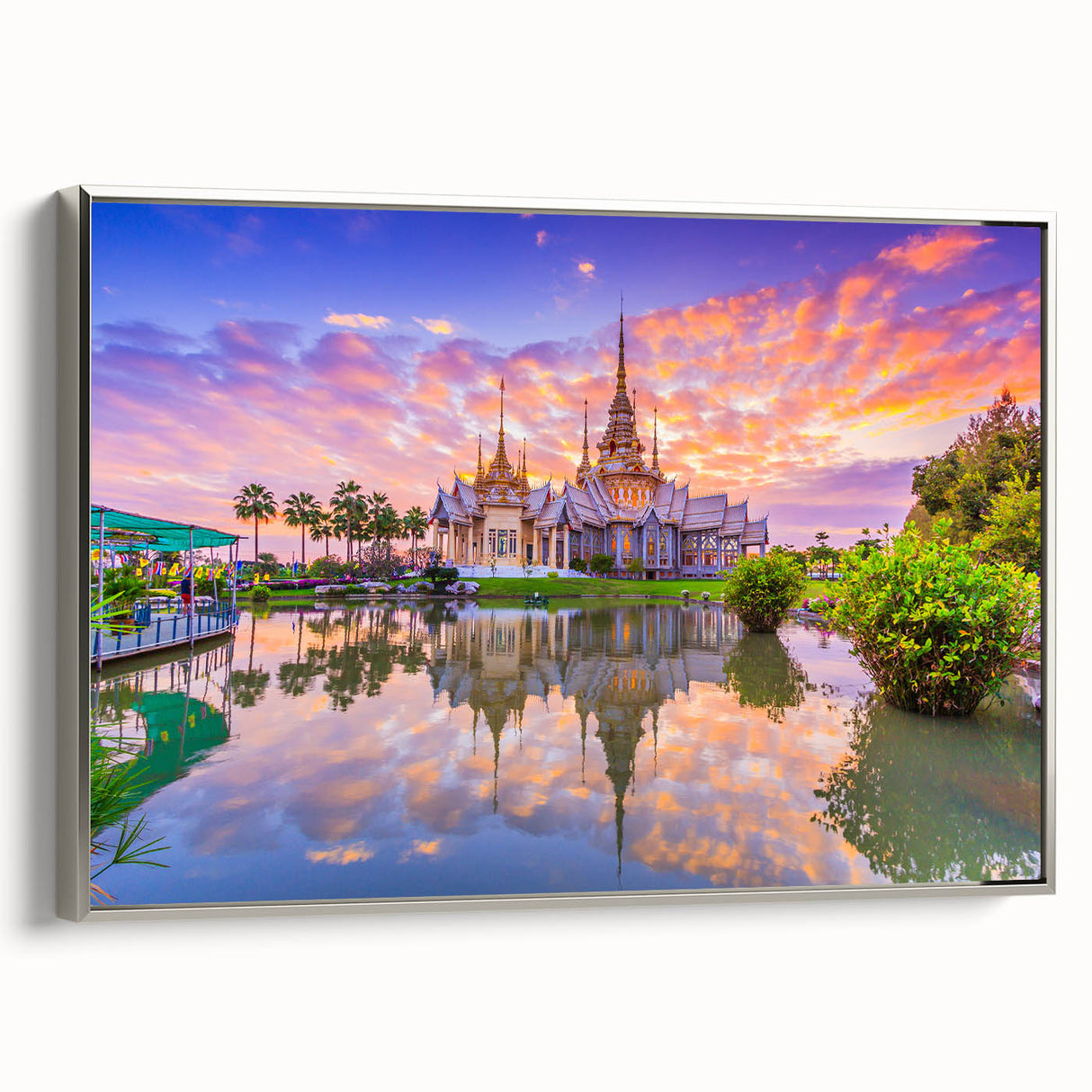 Landscape art painting of a Vietnamese rice field on a framed canvas, featuring vibrant green and silver tones.