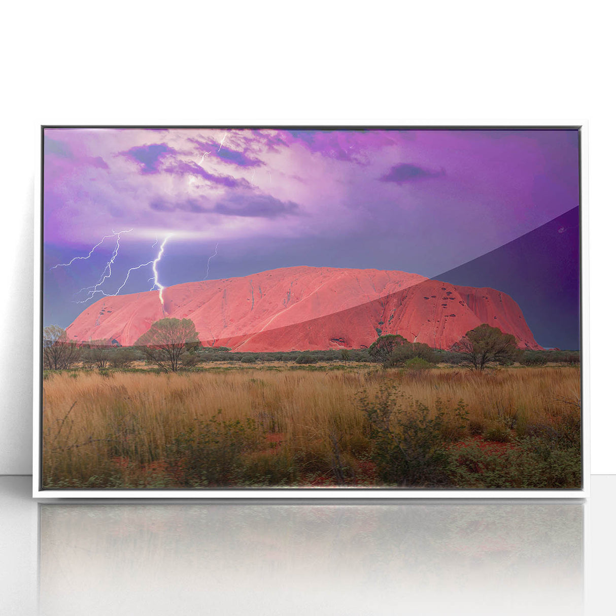 Framed acrylic print of Ayers Rock in Australia with soft orange and brown tones, suitable for modern art wall decor.
