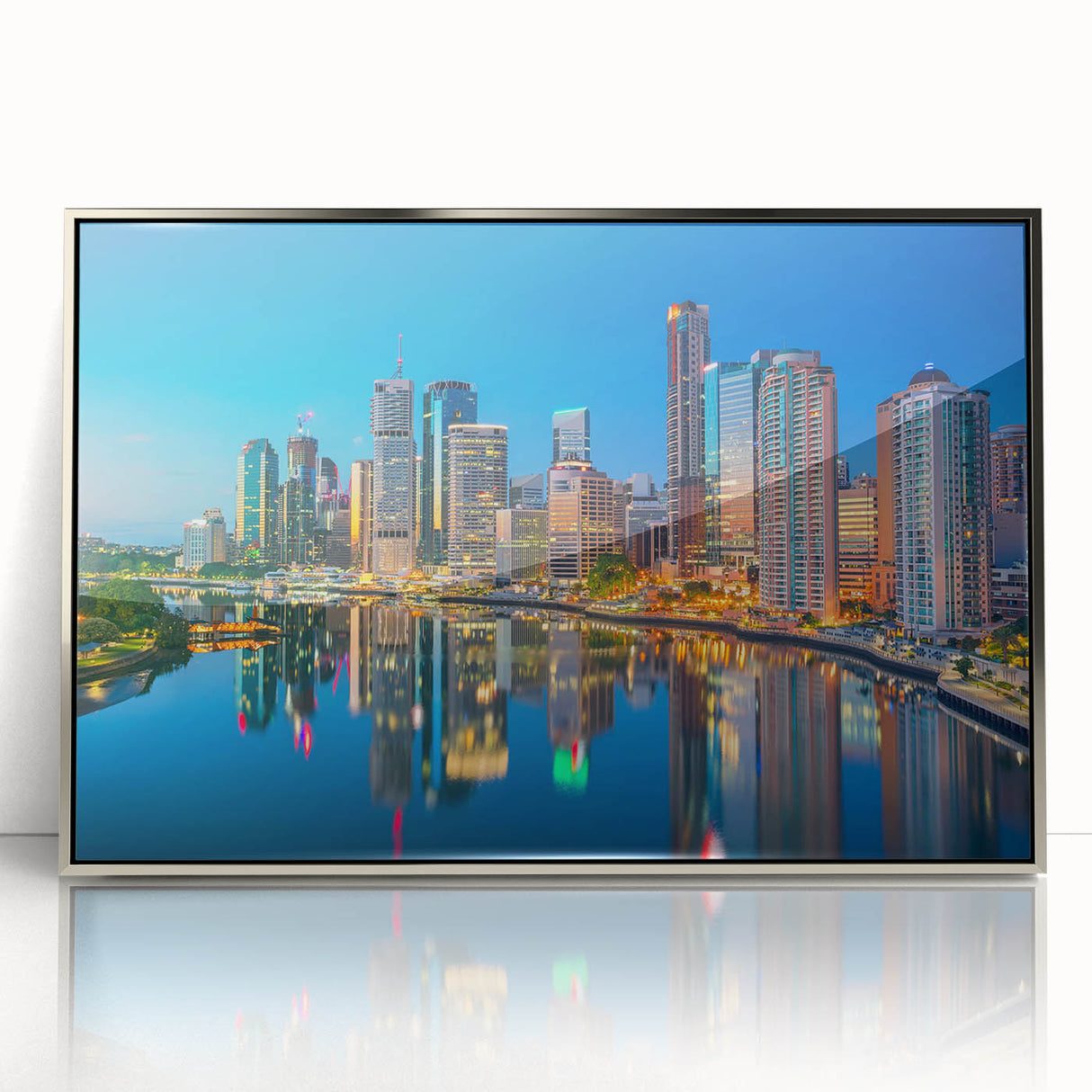 Art deco poster of Brisbane skyline in silver frame, featuring muted blue and gray tones, ideal for modern bedroom ambiance.