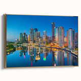 Framed canvas landscape art painting of Brisbane with vibrant colors on a black background, ideal for living room decor.