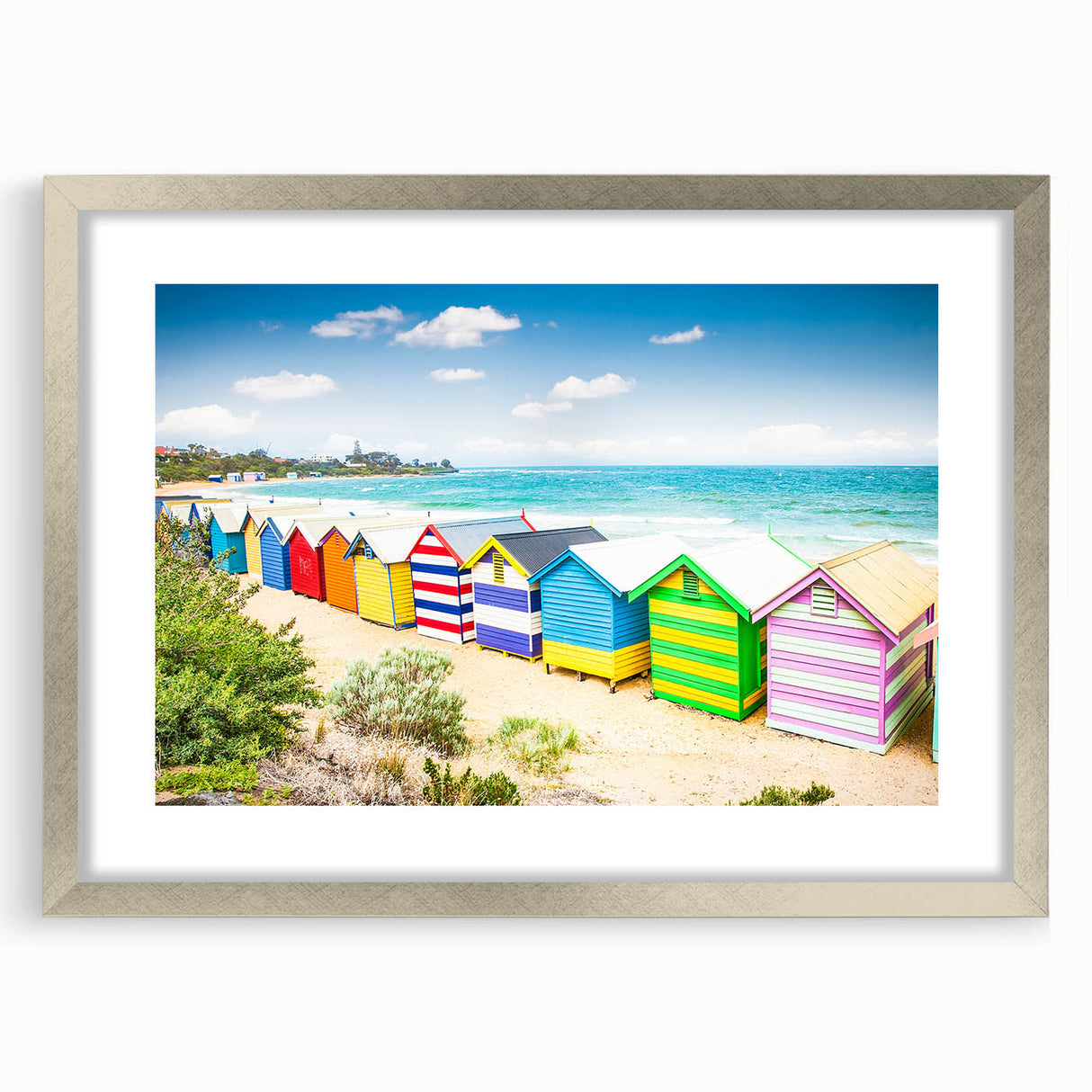 Abstract art print of Melbourne scenery in muted blue and gray tones on a framed poster, ideal for dining room decor.