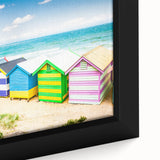 Framed canvas of Melbourne skyline in black with colorful, textured art accents, ideal for living room decor.