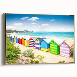 Framed canvas landscape art painting of Melbourne, featuring a vintage poster style with black and colorful art details.