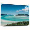 Large abstract wall art of Queensland scenery in vibrant green and blue hues on acrylic glass.