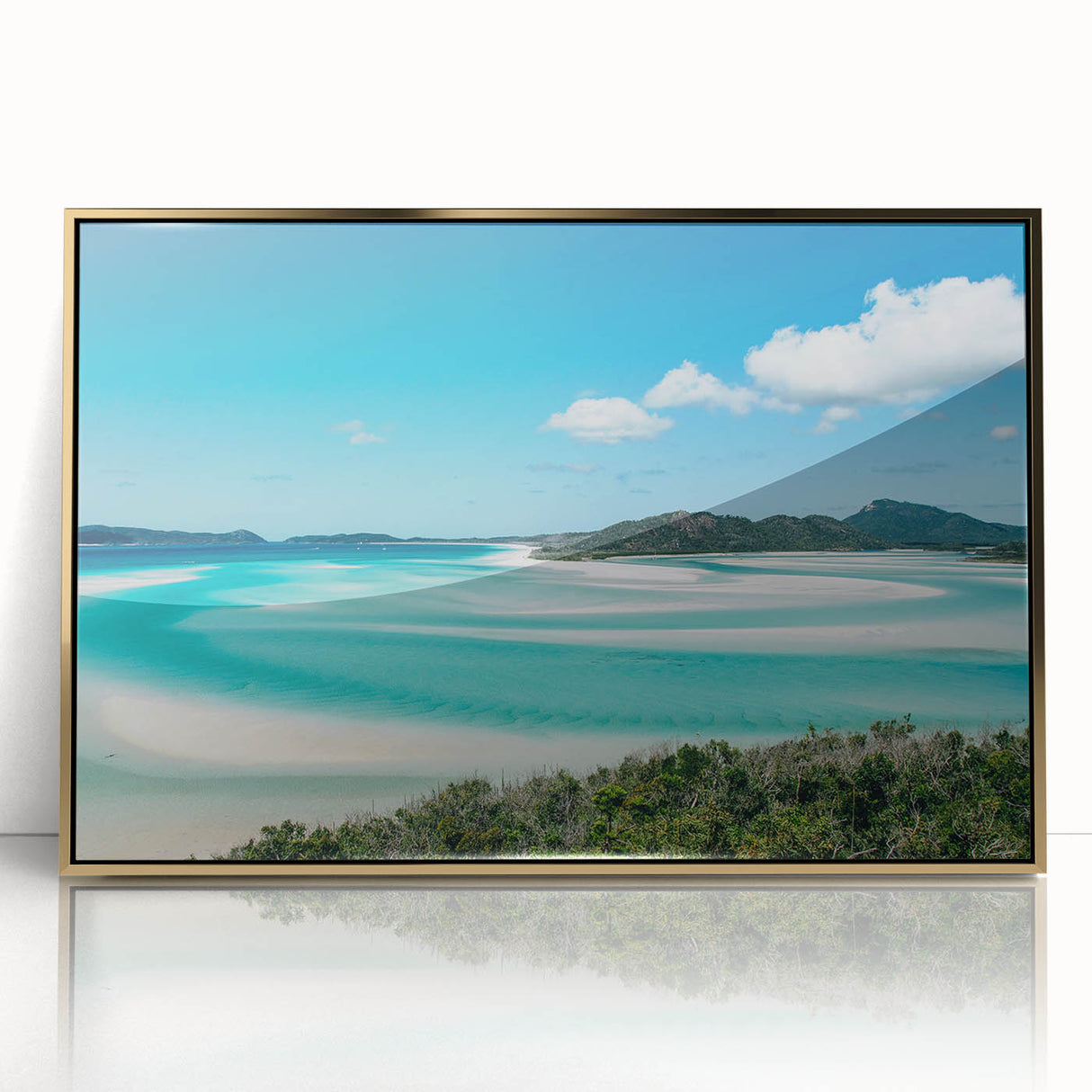 Mid-century modernist art depicting Queensland scenery in gold acrylic frame, ideal for nursery wall art.