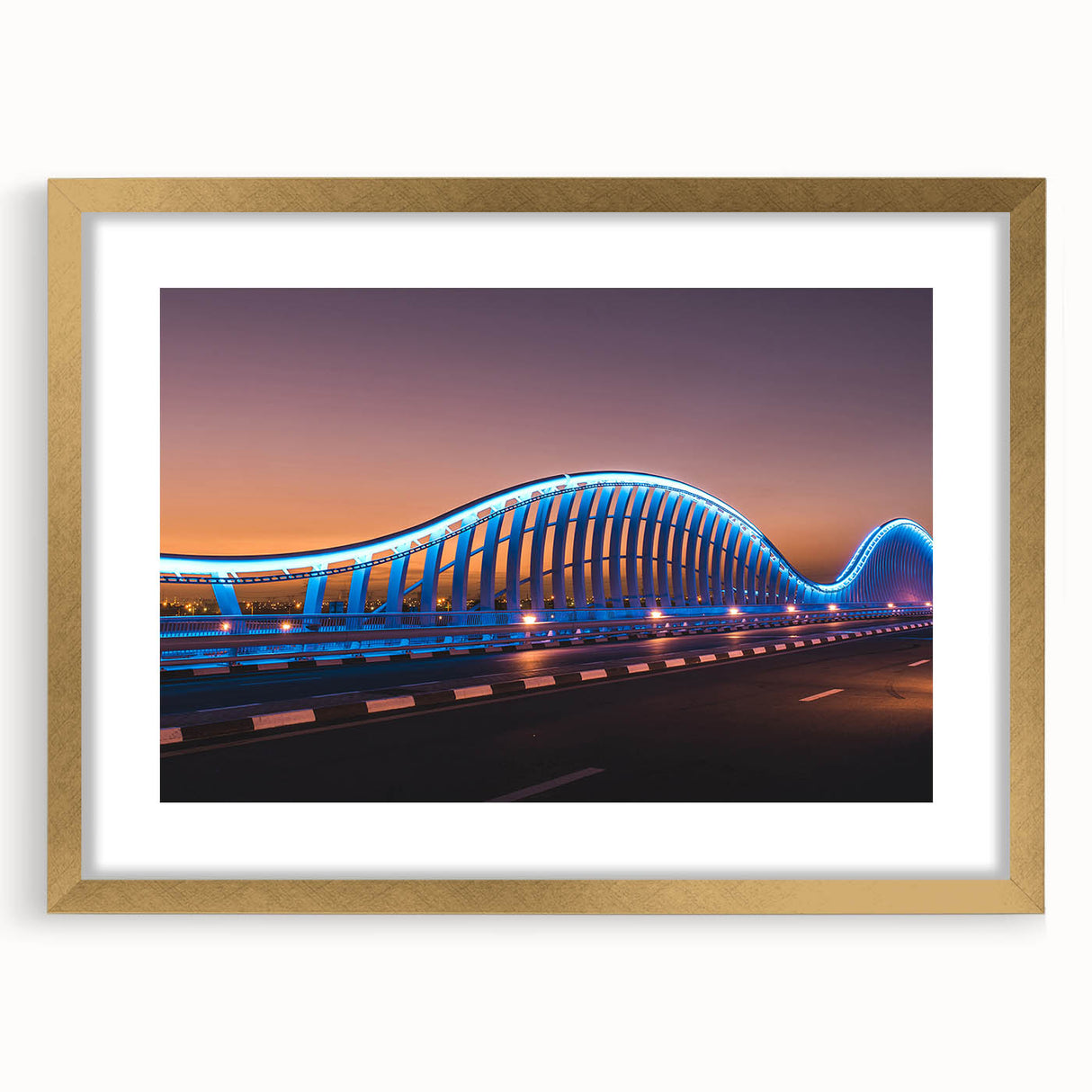 Abstract art print of Sydney skyline in muted blue and gold tones on a framed canvas, suitable for dining room decor.