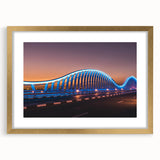 Abstract art print of Sydney skyline in muted blue and gold tones on a framed canvas, suitable for dining room decor.