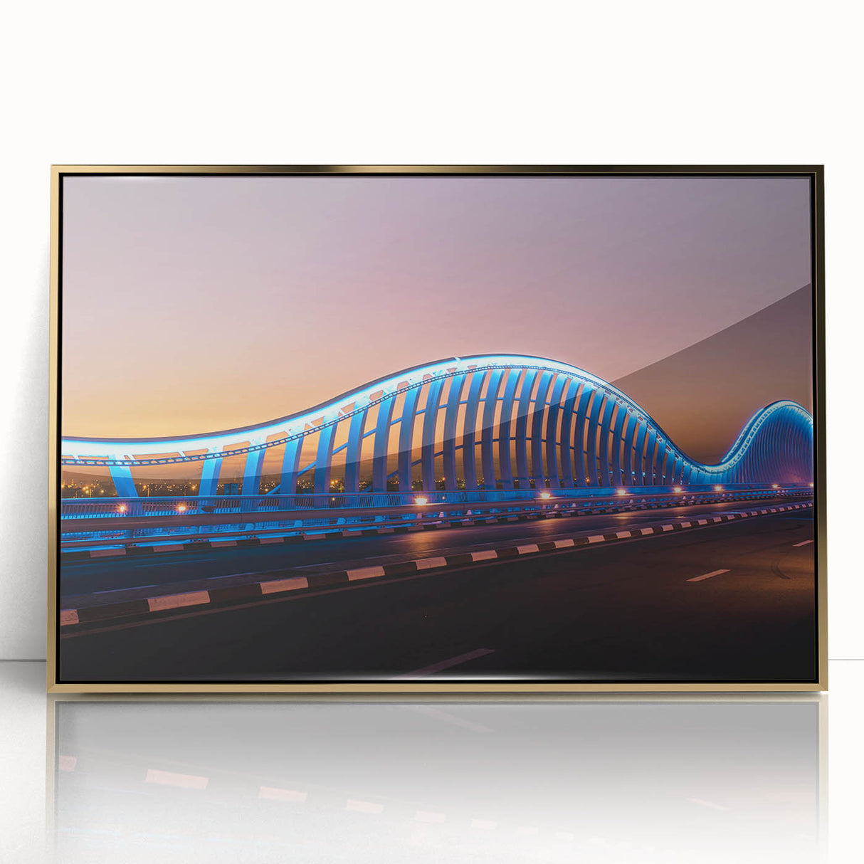 Art deco poster of Sydney skyline in gold and black hues on framed acrylic, ideal for modern art wall decor.