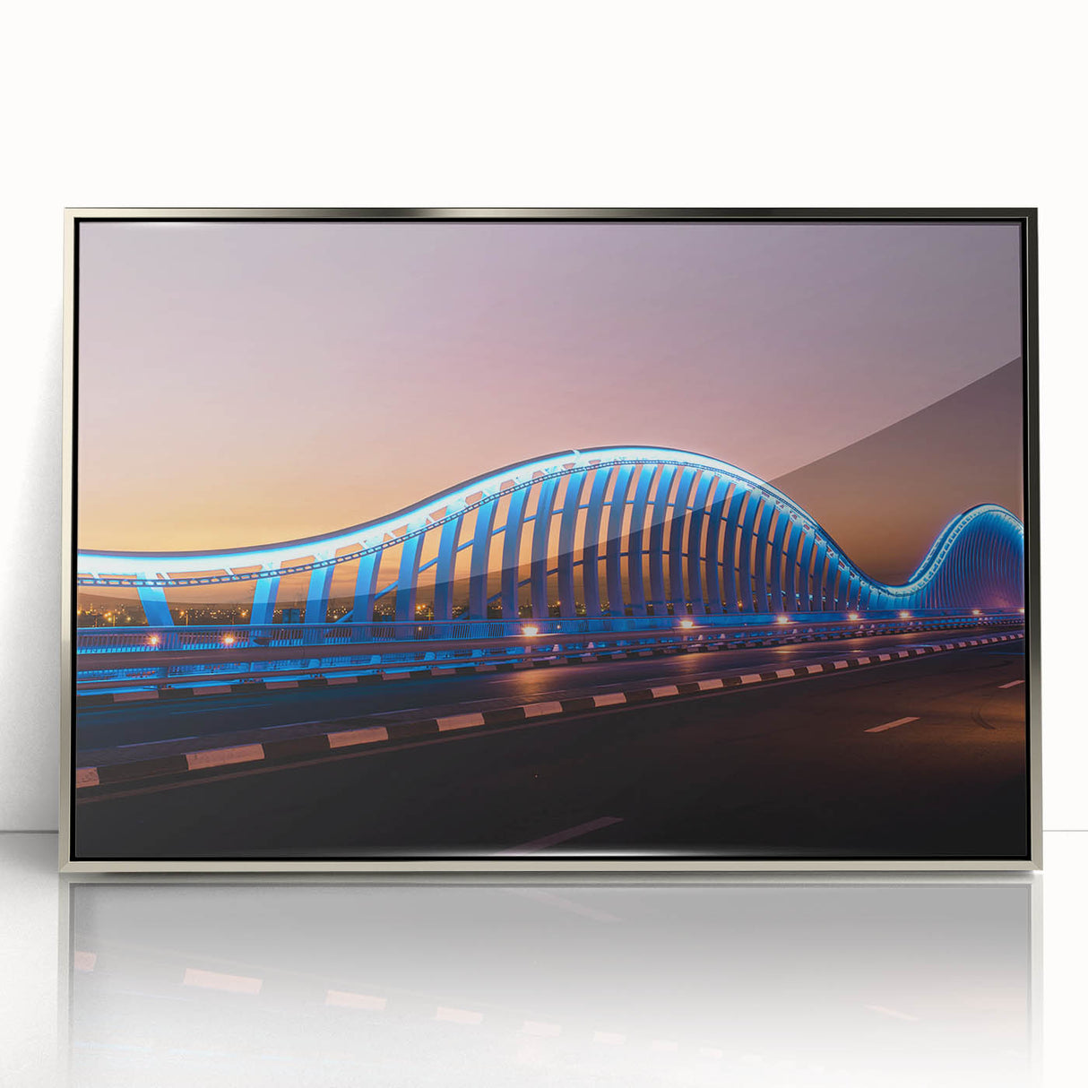 Large acrylic print of Sydney skyline in muted tones, framed in silver, suitable for modern art wall decor.
