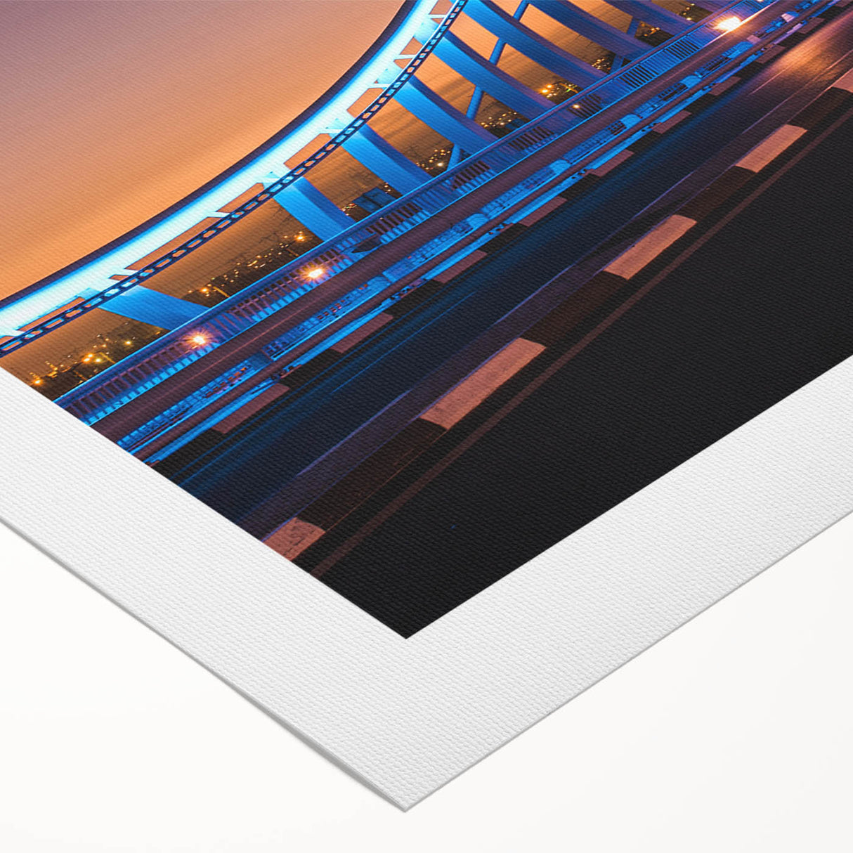 Art Deco poster of Sydney skyline with muted blue and pink tones on rolled canvas, suitable for dining room wall art.