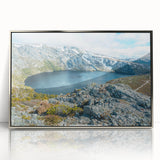 Framed acrylic print of a Tasmanian landscape in muted greens and blues, ideal for modern nursery wall art.