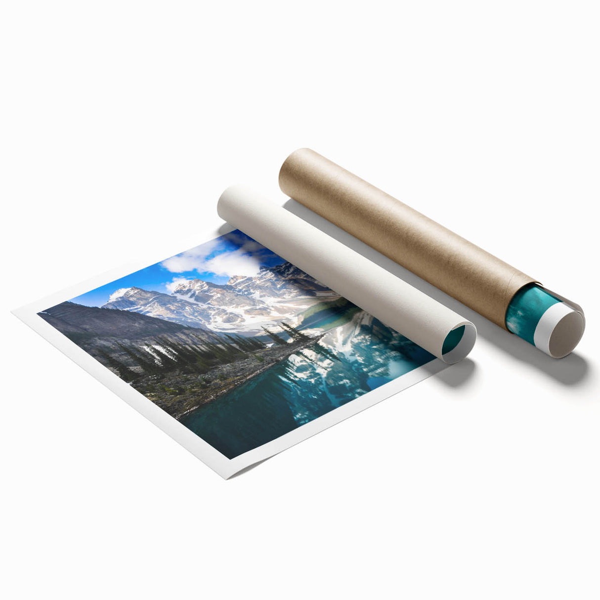 Scenic Alberta landscape with pastel floral elements on a rolled print, suitable for large living room or bathroom decor.