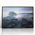 Large abstract wall art depicting a British Columbia landscape in muted earth tones, framed in black acrylic.