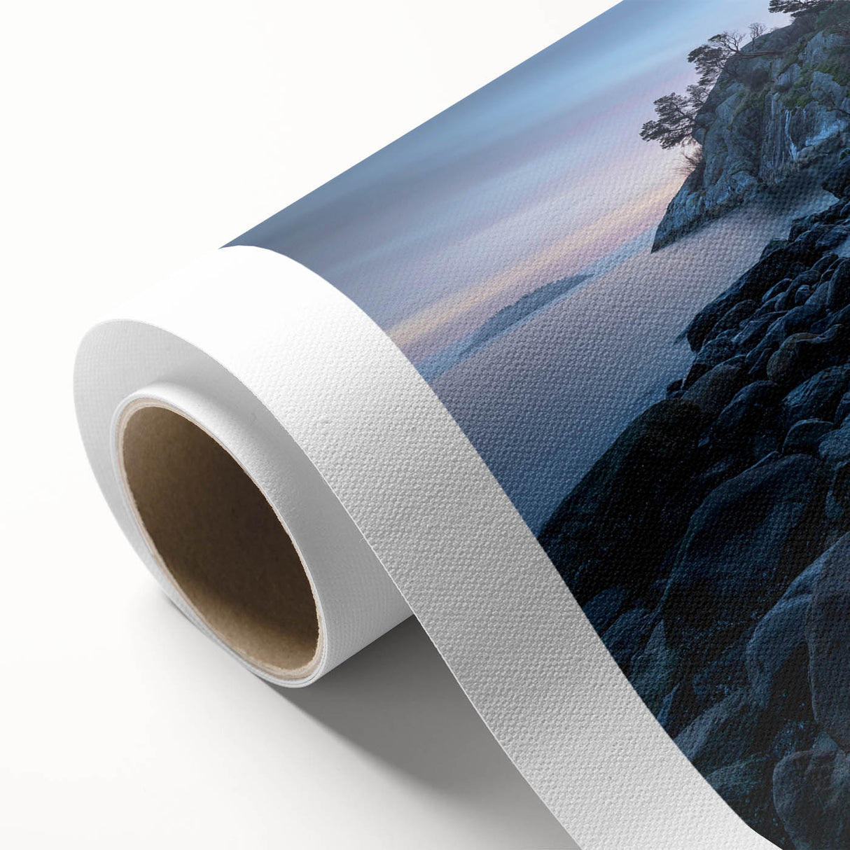 Art deco poster featuring a serene British Columbia landscape in soft pastels on rolled canvas, ideal for nursery wall art.