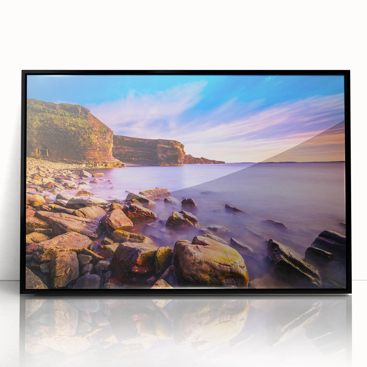 Large abstract wall art depicting a rugged Newfoundland landscape in muted earth tones on a framed acrylic print.