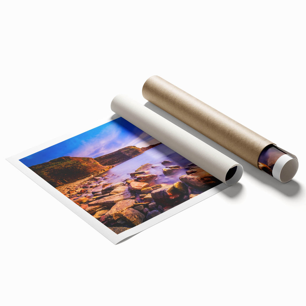 A serene Newfoundland landscape on a rolled print, featuring muted green and blue tones, ideal for classy bathroom wall art.