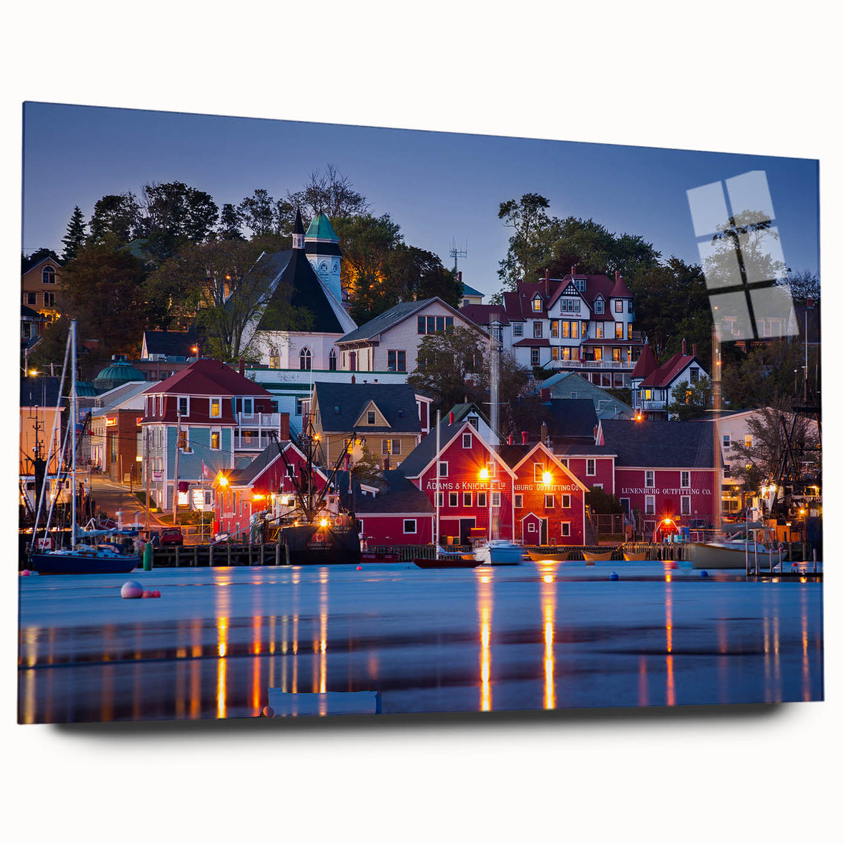 Acrylic print of a large abstract landscape depicting Nova Scotia, in cool blue and green shades.