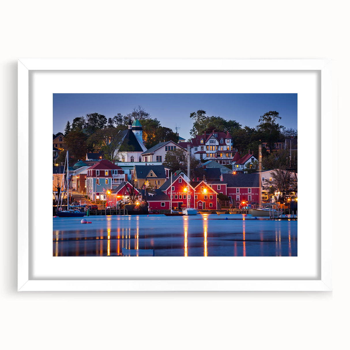 Abstract art print of Nova Scotia scenery in muted blue and green tones, framed with white mat, ideal for dining room decor.