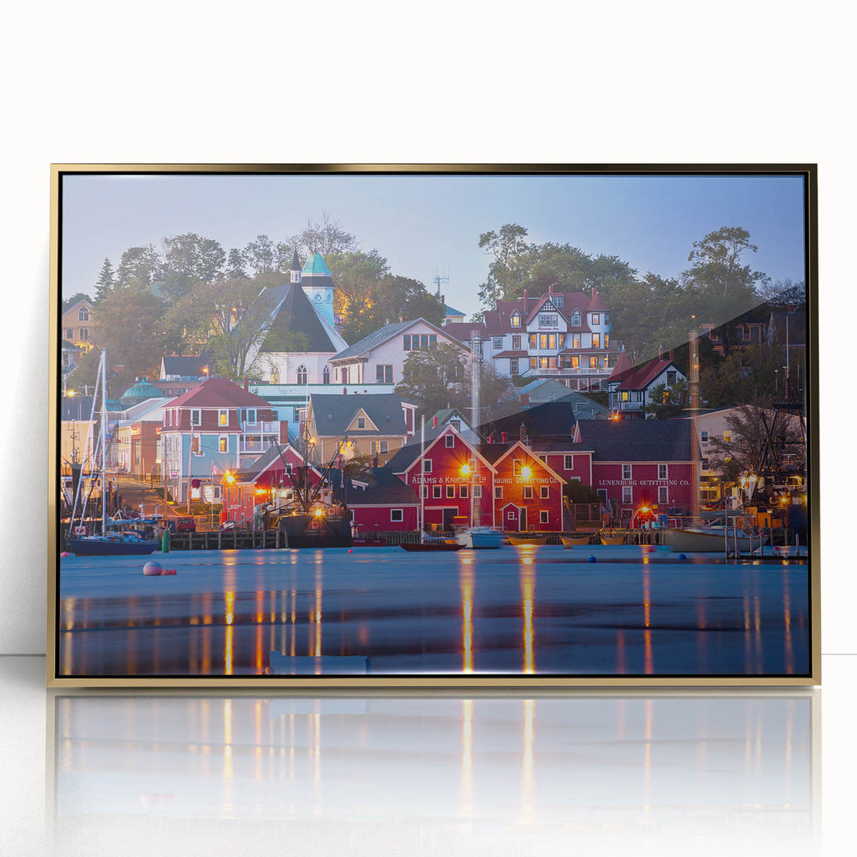 Framed acrylic print of a serene Nova Scotia landscape in muted earth tones, ideal for modern art wall decor.