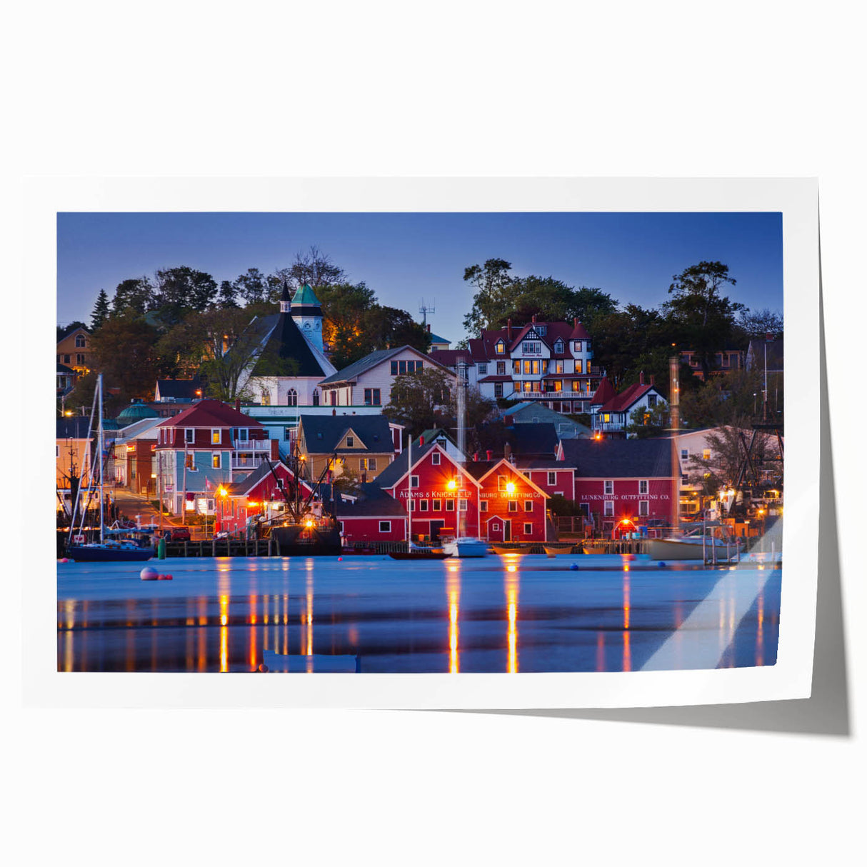 Rolled print of a Nova Scotia landscape with muted green and blue tones, ideal for art wall dining room.