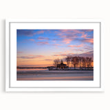 Abstract art print depicting a serene Ontario landscape in muted green and blue tones, framed in white.