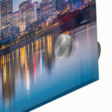 Large abstract wall art depicting a Quebec scenery in muted earth tones on acrylic glass, suitable as dining room art.