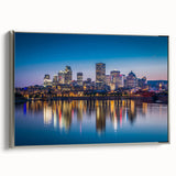 Landscape art painting of Quebec scenery on a framed canvas, featuring muted earth tones and a vintage poster style.