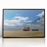 Large abstract wall art featuring a serene Saskatchewan landscape in muted earth tones on a framed acrylic panel.