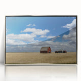 Mid-century modernist art of Saskatchewan scenery in muted earth tones on a framed acrylic print.