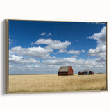 Framed canvas depicting a vintage-style Saskatchewan landscape in muted earth tones, ideal for bedroom wall art.
