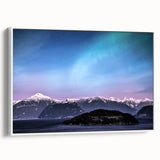 Vintage poster art of Yukon scenery in vibrant colors on a large framed canvas, ideal for living room decor.