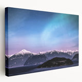 Scenic Yukon landscape on stretched canvas, featuring muted green and blue tones, ideal for kitchen wall art.