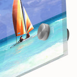 Large abstract wall art on acrylic glass depicting a serene Caribbean scene in muted blue and green tones.