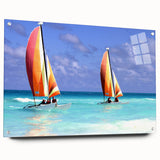 Acrylic print of a Caribbean scenery in vivid blue and green tones, suitable for bedroom or dining room decor.
