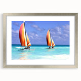 Extra large abstract art print depicting Caribbean scenery in textured blue and green hues on a framed silver mat.