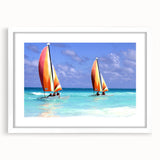 Textured abstract art print depicting Caribbean scenery in vibrant blue and green tones on a framed white mat.