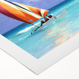 Art deco poster featuring a serene Caribbean beach scene in muted blue and beige tones on rolled canvas.