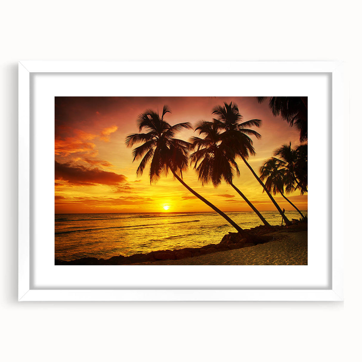 Extra large abstract art print of Caribbean scenery in textured style, framed with a white mat.