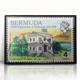 Large abstract wall art depicting a Caribbean scene in muted blue and green tones, framed in black acrylic.
